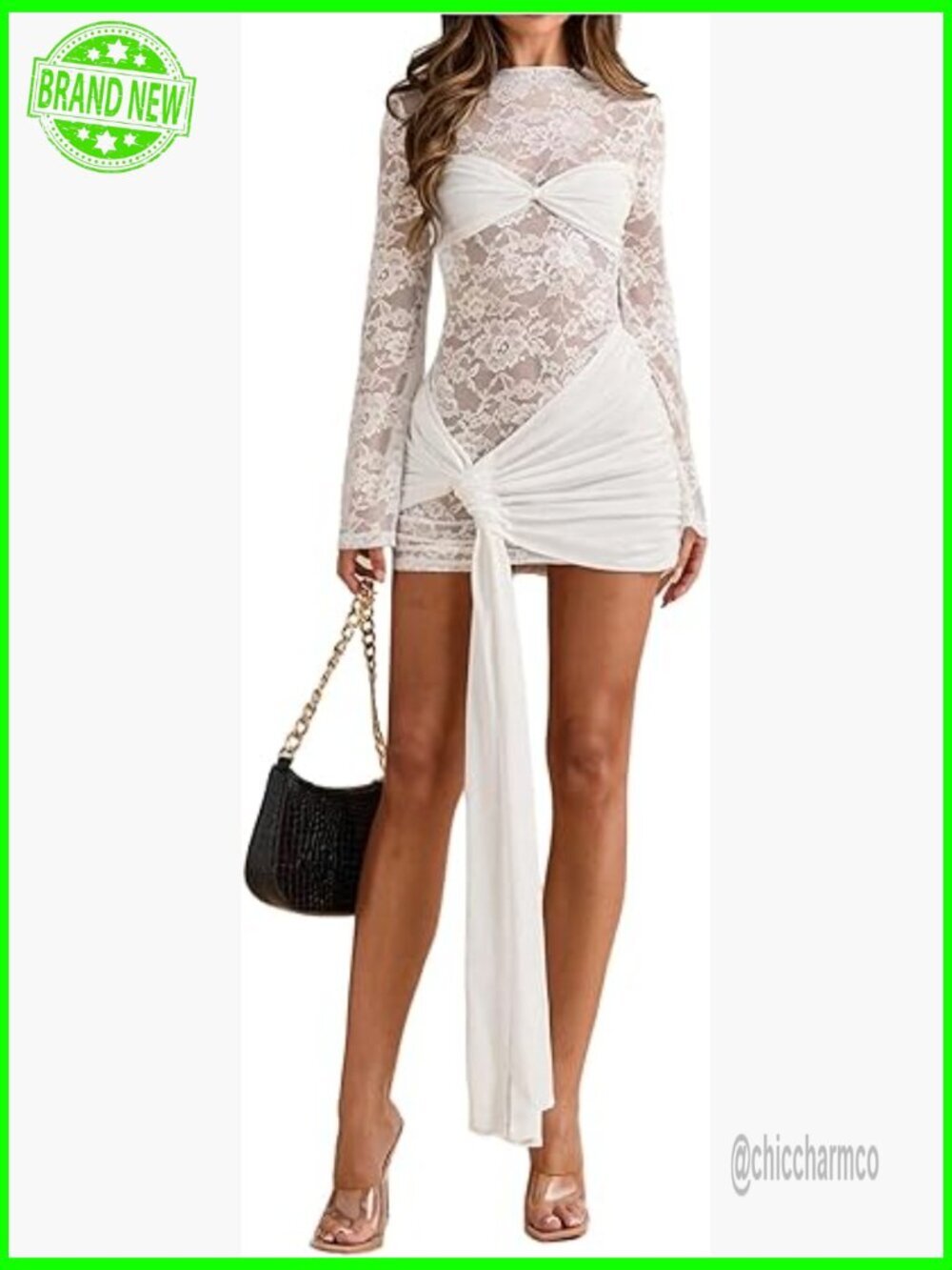 Floral Lace Mini Bodycon Dress Long Sleeve Ruched Date Night Dresses